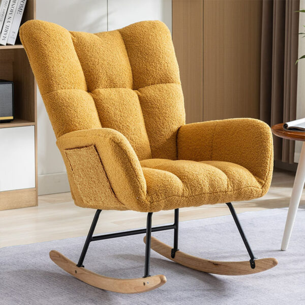 Rocking Chair With Pocket, Soft Teddy Fabric Rocking Chair For Nursery, Comfy Wingback Golider Rocking Chair With Safe Solid Wood Base For Living Room Bedroom Balcony Cannot Be Sold On Temu